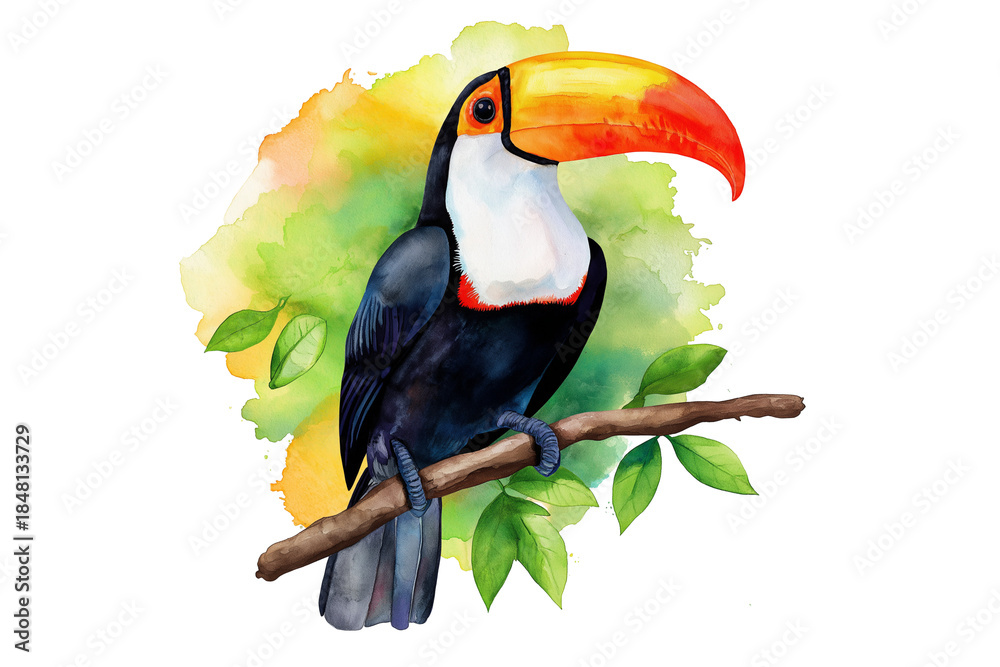 Obraz premium Watercolor Toucan Perched on Branch Isolated on Transparent Background