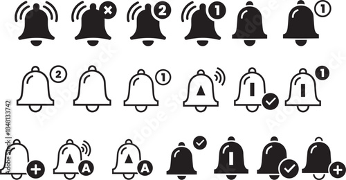 Trendy Digital Notification Bell Icons Collection: Essential UI UX Elements for Alerts, Subscriptions, and Urgent Updates in App Design.