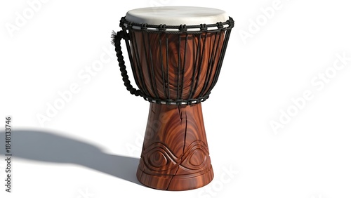 Wooden hand drum with black ropes and a white drumhead standing upright against a white background