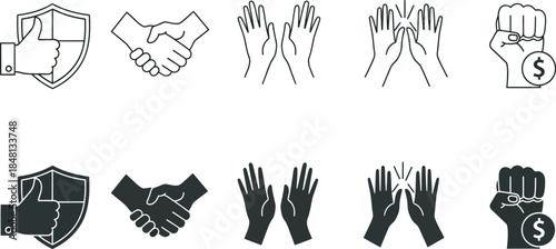 Collection of black and white hand and shield icons in various styles