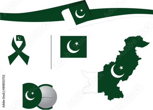 pakistan flag and map set. pakistan flag in official colors independence day 14 august 