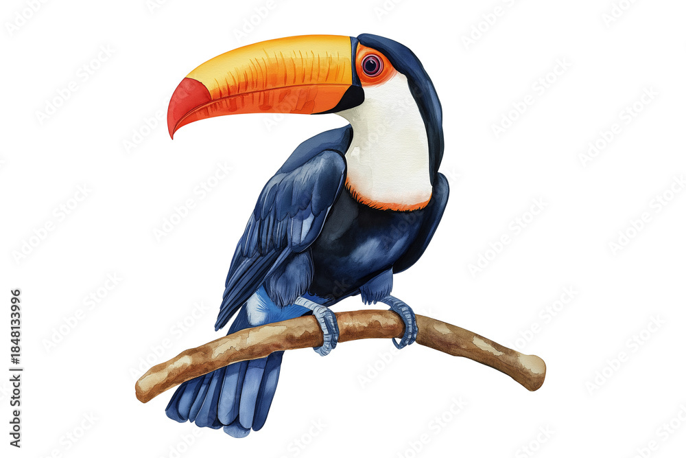 Obraz premium Colorful Toucan Bird on Branch Watercolor Illustration Isolated on Transparent Background PNG 
