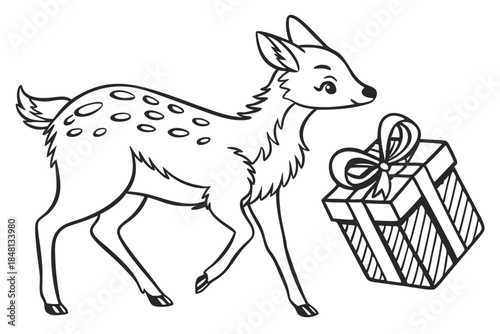 Spotted fawn curiously approaches a striped gift box with a ribbon in a cartoon outline