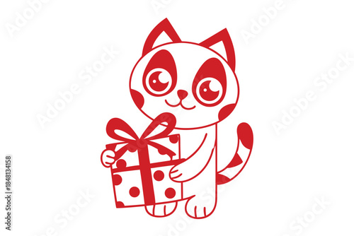 Red cartoon feline delicately holds a wrapped present featuring polka dots and a bow