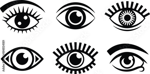 Set of six stylized black and white human eye vector icons featuring long eyelashes and eyebrows, beauty and vision concept symbols isolated.