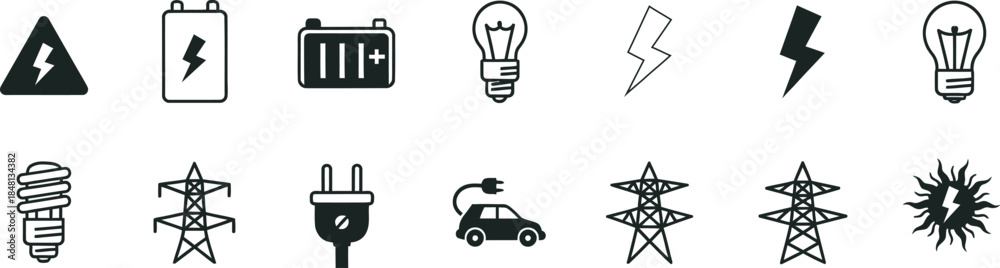 Fototapeta premium Collection of black and white electrical and energy icons and symbols