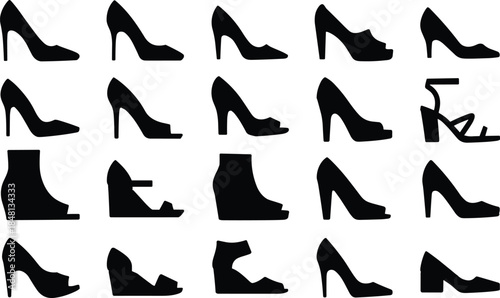 Set of women's shoe silhouettes including high heels, pumps, sandals and boots, black footwear icons collection isolated on white.