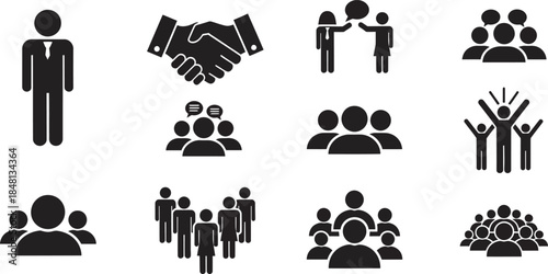 Black and white illustrations of people and groups in various social interactions and teamwork settings