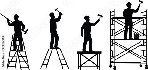 Silhouettes of construction workers using ladders, platforms, and scaffolds for elevated tasks, ideal for safety training, maintenance visuals, and industrial illustrations.