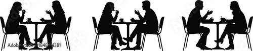 Silhouette illustration of people sitting at café tables talking and drinking coffee, social interaction concept for business meetings, dating, conversations, and lifestyle scenes