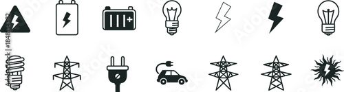 Collection of black and white electrical and energy icons and symbols