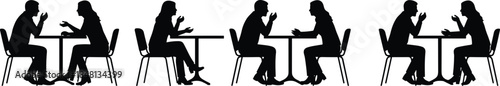 Silhouettes of people sitting across tables in conversation, ideal for social interaction, meetings, communication, café scenes, and business concepts.