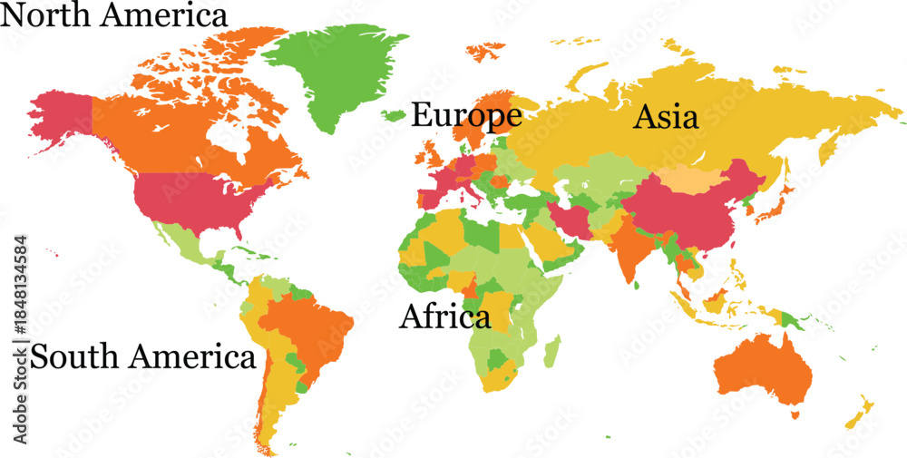 Obraz premium World map. color full Continents of Africa, Asia, Australia, Earth, Europe, South and North America. Earth planet. Pacific, Atlantic, Indian, Arctic ocean. Concept of cartography, geography. 