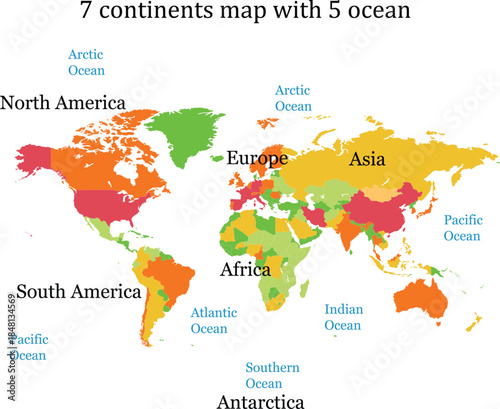 world map Continents, oceans. Colored world map. North, South, America, Europe, Africa, Asia, Australia, Antarctica. Five oceans, Pacific Atlantic Arctic, Indian, Southern. Vector illustration