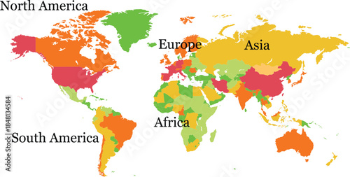 World map. color full Continents of Africa, Asia, Australia, Earth, Europe, South and North America. Earth planet. Pacific, Atlantic, Indian, Arctic ocean. Concept of cartography, geography. 