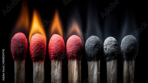 A series of burning and extinguished matches representing energy cycles and the broader concept of burnout, transformation and decline.
