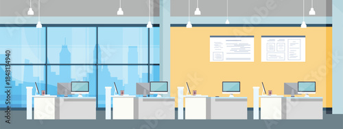 Modern office interior design workspace computer desk monitor window wall floor light 