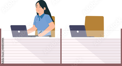 female gril employee work laptop office sketch design work load table sitting 