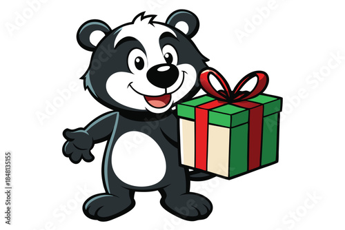 Smiling skunk cartoon character holds a green gift box with red ribbon, isolated