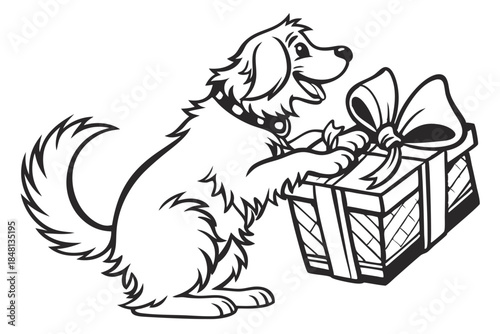 Smiling dog with fluffy fur presents a beautifully wrapped gift tied with ribbon bow