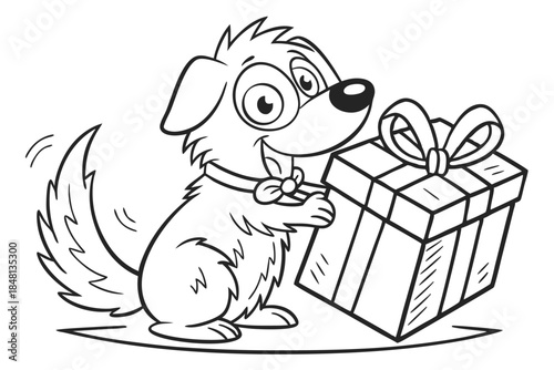 Playful cartoon dog with a bow tie presents a wrapped gift box happily