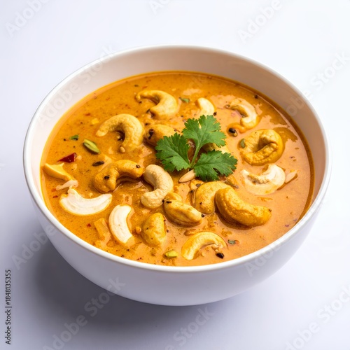 Creamy cashew curry dish presentation against a clean white background surface