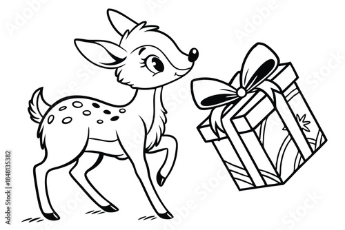 Spotted cartoon baby deer happily gazes at a big decorated present against a transparent background
