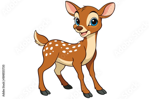 Adorable cartoon fawn stands sweetly, featuring brown fur and white spots on transparent background