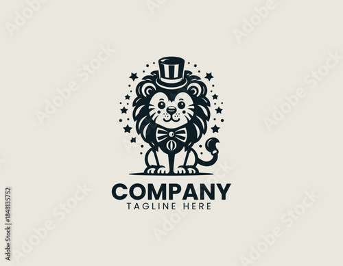 Cute circus lion character is presented as a playful friendly black vector logo illustration