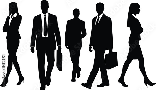 Business people silhouettes, walking professionals corporate commute vector, business attire illustration, teamwork concept, workplace design, urban lifestyle scen