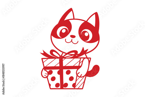 Smiling red kitten is happily presenting a polka dot gift box on white