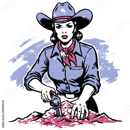 Vintage Cowgirl Gunslinger Illustration. Retro Pop Art of Woman Holding Revolver. Western Pulp Comic Book Style Vector.