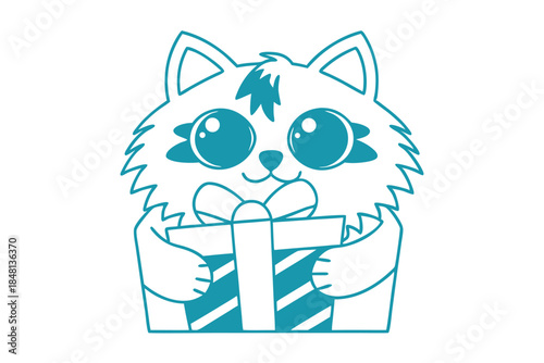Cartoon teal feline hugs a gift with a ribbon in on transparent background