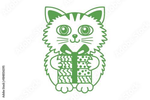 Green cat holds gift with both paws on white transparent background delighting everyone