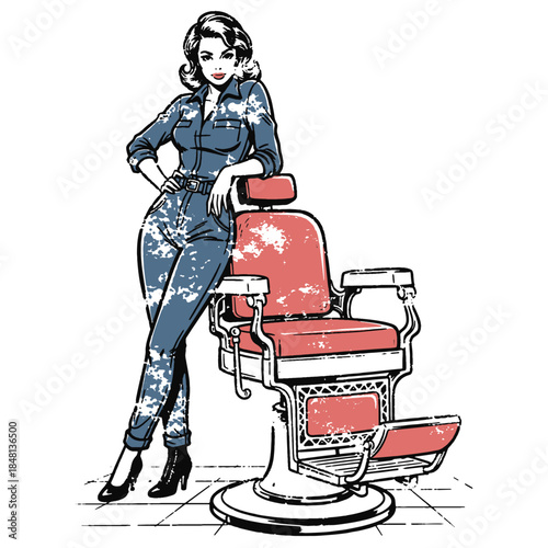 Retro Pin-up Barber Girl: Stylish Woman in Jumpsuit Leaning on Vintage Salon Chair. Comic Book Pop Art Vector Illustration.