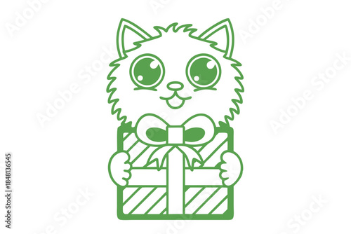 Cartoon kitten hugs a gift wrapped with striped ribbon in simple green style and has transparent background