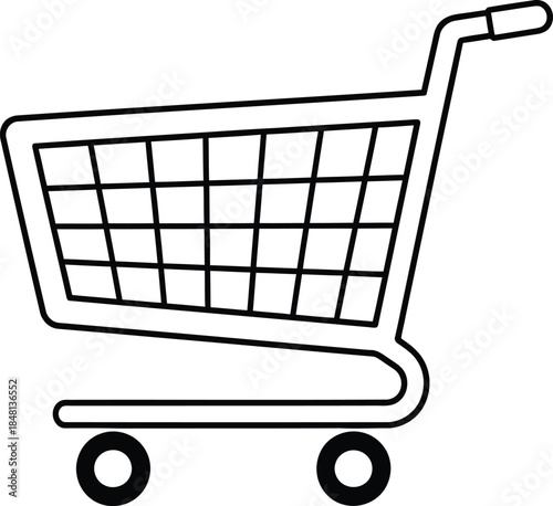 Minimalist black outline illustration of a shopping cart icon on a white background