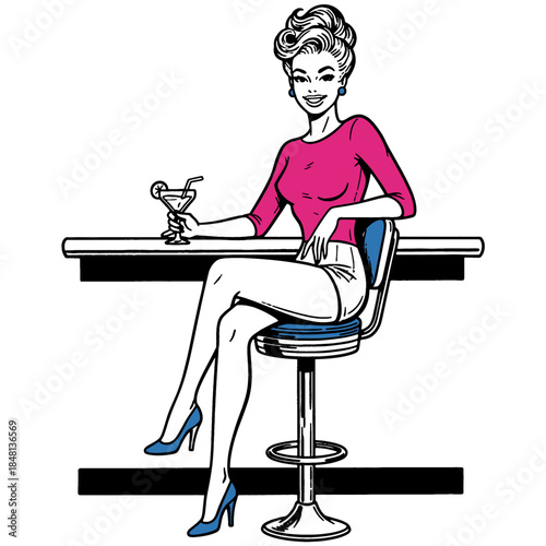 Vintage Glamour Girl at the Bar: Hand-Drawn Retro Style Woman Drinking a Cocktail. 1960s Pop Art Illustration.