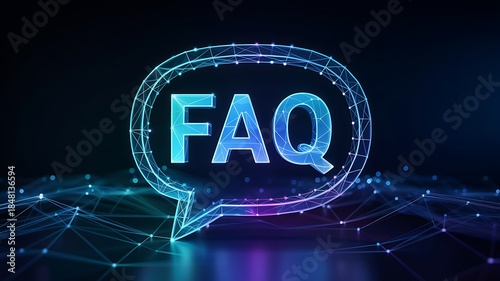 Abstract 3D rendering of 'FAQ' text within a glowing polygonal speech bubble, signifying questions and answers in a digital network.