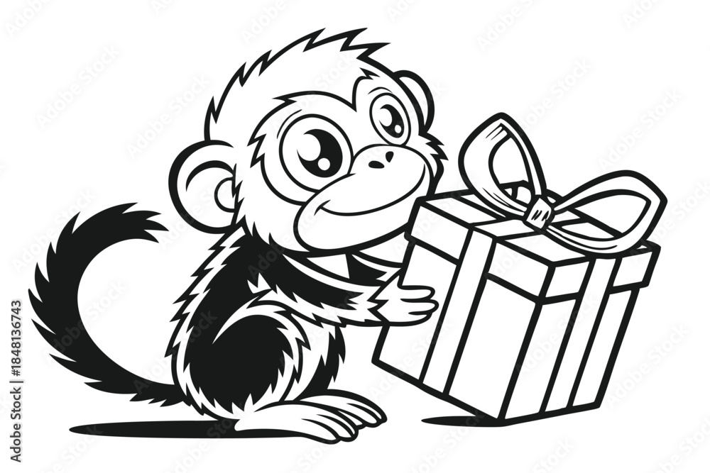 Obraz premium Cartoon monkey is happily holding a present with a cute smile, and transparent background
