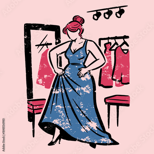 Distressed Grunge Art: Woman Trying on Blue Dress in Fitting Room. Fashion Shopping & Luxury Retail Vector Illustration.