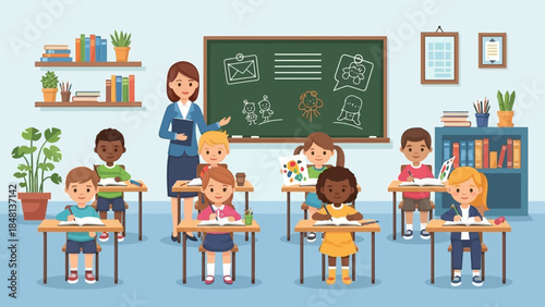 illustration of diverse elementary school classroom with young students and teacher engaging in