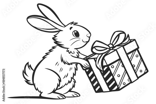 Cartoon rabbit cheerfully carries a beautifully wrapped present, the art presents a transparent background