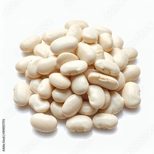 Pile of creamy white lima beans on a clear white studio background surface