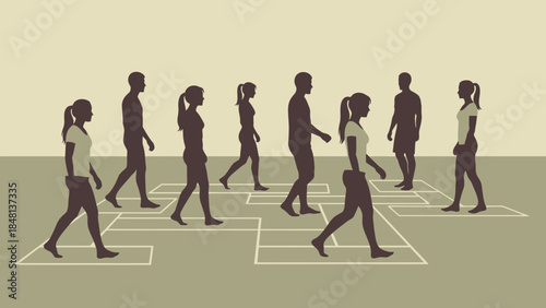 illustration of people participating in a social distancing activity in a modern indoor setting