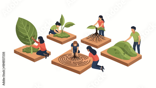 Illustration of people nurturing and cultivating plants young seedlings growth and tree saplings