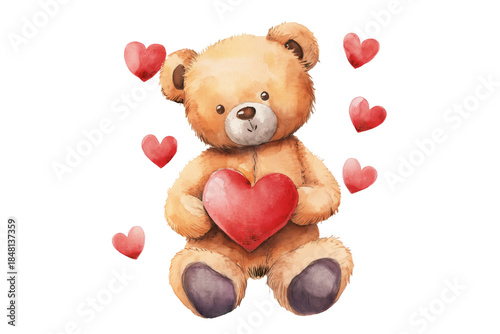 Cute Teddy Bears Holding Hearts Watercolor Illustration Isolated on Transparent Background PNG