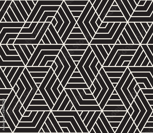 Vector seamless pattern. Abstract pattern of black and white interlocking hexagons with converging lines, creating an optical illusion and dynamic, modern feel.