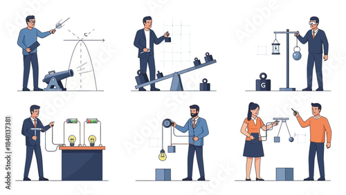 Illustration of scientists and researchers performing experiments in a laboratory setting with