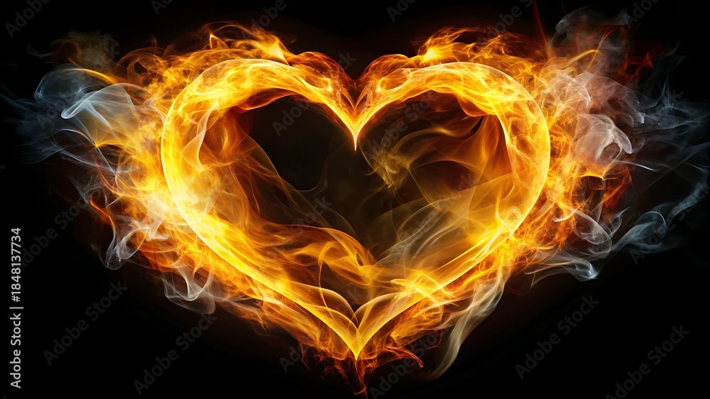 Fototapeta premium Fiery heart shape formed by intense flames and smoke